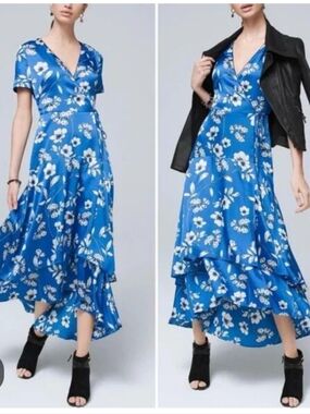 EUC White House Black Market Blue & White Floral Wrap Midi Dress - Size 6